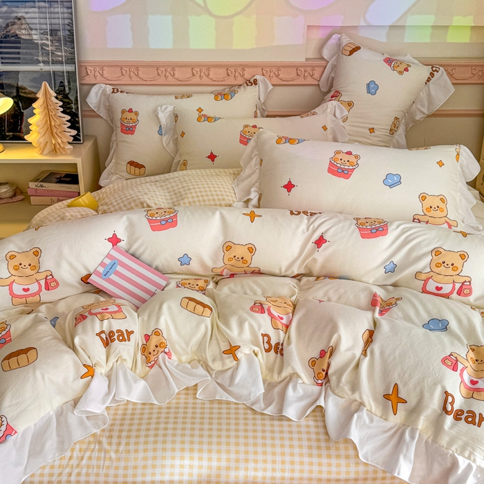 91家纺网 家纺一手货源 找家纺 温眠家纺 2025新款水洗云朵棉韩式INS减龄花边款四件套 烘培小熊