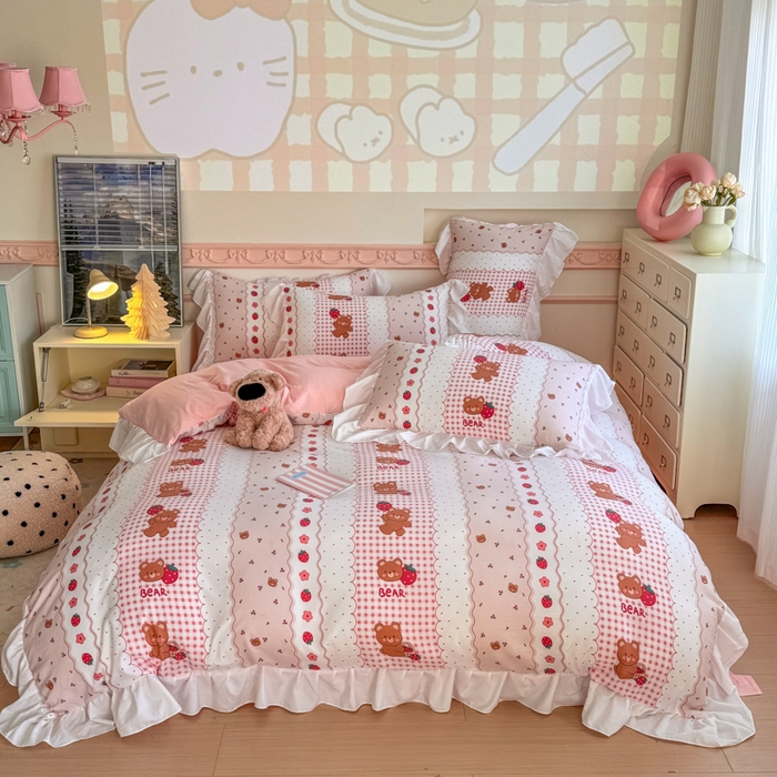 91家纺网 家纺一手货源 找家纺 温眠家纺 2025新款水洗云朵棉韩式INS减龄花边款四件套 花花熊