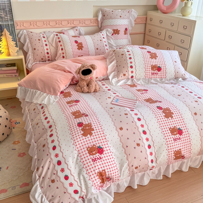 91家纺网 家纺一手货源 找家纺 温眠家纺 2025新款水洗云朵棉韩式INS减龄花边款四件套 花花熊