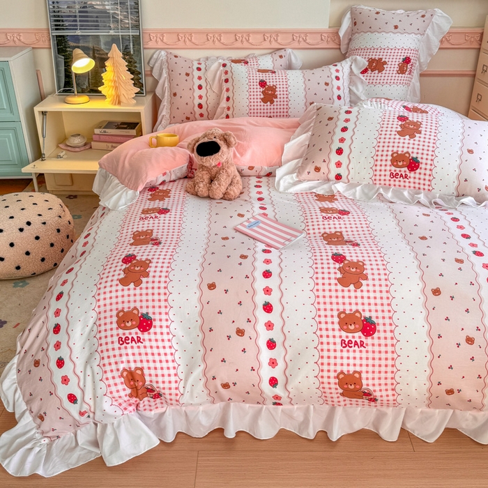 91家纺网 家纺一手货源 找家纺 温眠家纺 2025新款水洗云朵棉韩式INS减龄花边款四件套 花花熊