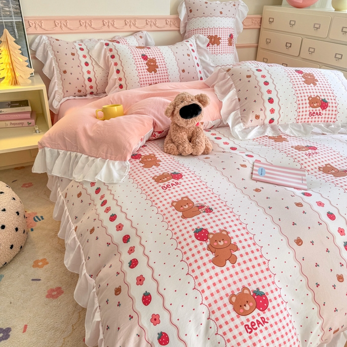 91家纺网 家纺一手货源 找家纺 温眠家纺 2025新款水洗云朵棉韩式INS减龄花边款四件套 花花熊