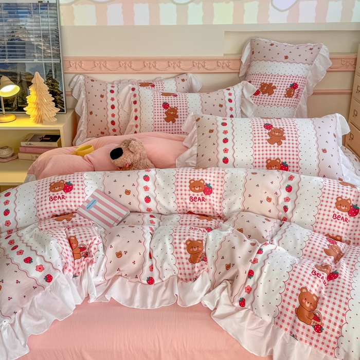 91家纺网 家纺一手货源 找家纺 温眠家纺 2025新款水洗云朵棉韩式INS减龄花边款四件套 花花熊