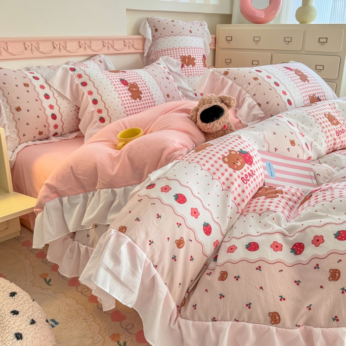 91家纺网 家纺一手货源 找家纺 温眠家纺 2025新款水洗云朵棉韩式INS减龄花边款四件套 花花熊