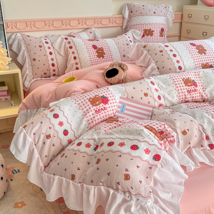 91家纺网 家纺一手货源 找家纺 温眠家纺 2025新款水洗云朵棉韩式INS减龄花边款四件套 花花熊