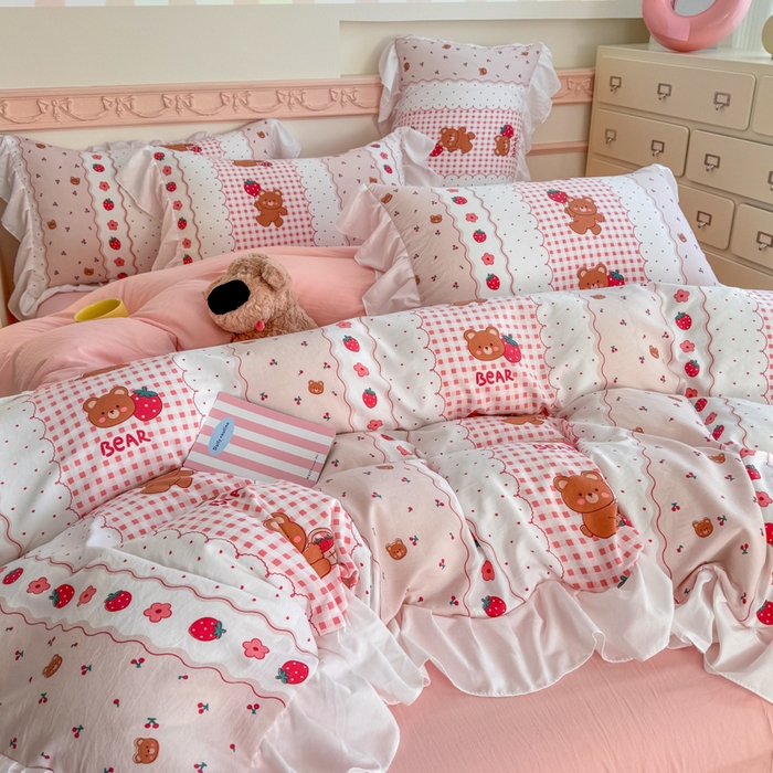 91家纺网 家纺一手货源 找家纺 温眠家纺 2025新款水洗云朵棉韩式INS减龄花边款四件套 花花熊