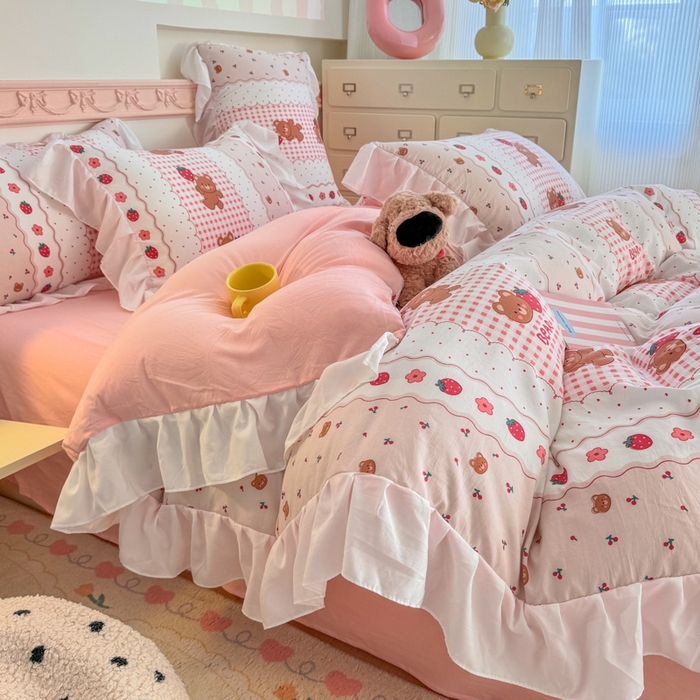 91家纺网 家纺一手货源 找家纺 温眠家纺 2025新款水洗云朵棉韩式INS减龄花边款四件套 花花熊