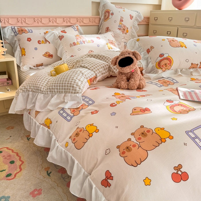 91家纺网 家纺一手货源 找家纺 温眠家纺 2025新款水洗云朵棉韩式INS减龄花边款四件套 卡巴伙伴