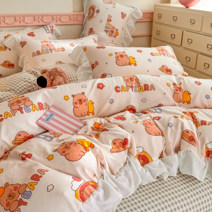 91家纺网 家纺一手货源 找家纺 温眠家纺 2025新款水洗云朵棉韩式INS减龄花边款四件套 卡巴伙伴