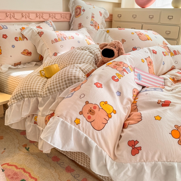 91家纺网 家纺一手货源 找家纺 温眠家纺 2025新款水洗云朵棉韩式INS减龄花边款四件套 卡巴伙伴