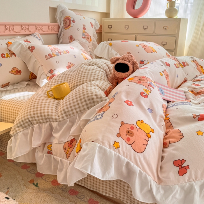 91家纺网 家纺一手货源 找家纺 温眠家纺 2025新款水洗云朵棉韩式INS减龄花边款四件套 卡巴伙伴