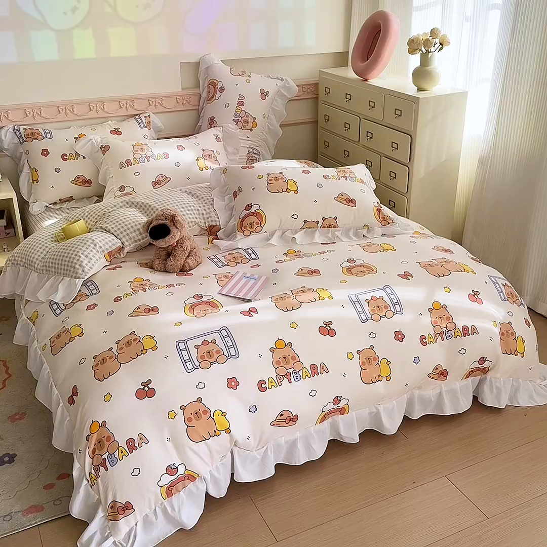 91家纺网 家纺一手货源 找家纺 温眠家纺 2025新款水洗云朵棉韩式INS减龄花边款四件套 卡巴伙伴