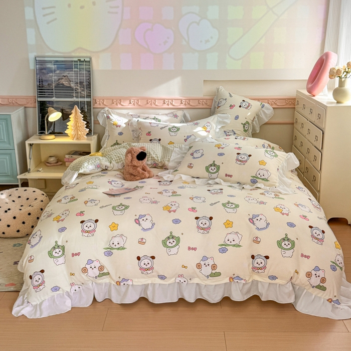 91家纺网 家纺一手货源 找家纺 温眠家纺 2025新款水洗云朵棉韩式INS减龄花边款四件套 奶油吉仔