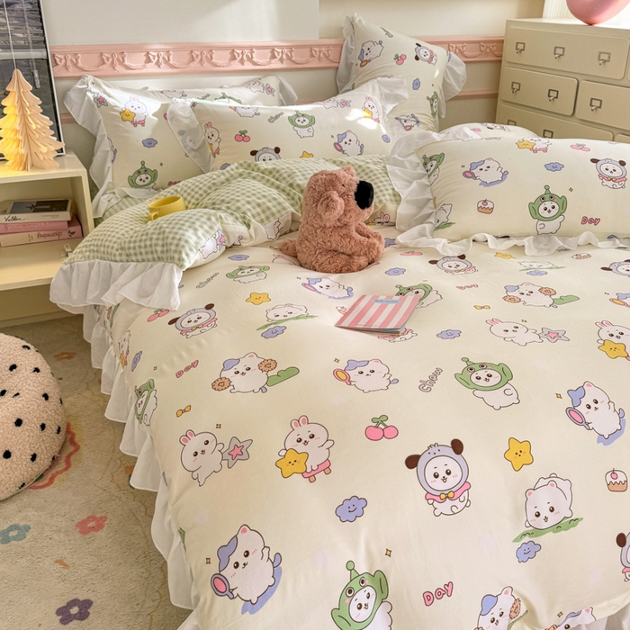 91家纺网 家纺一手货源 找家纺 温眠家纺 2025新款水洗云朵棉韩式INS减龄花边款四件套 奶油吉仔