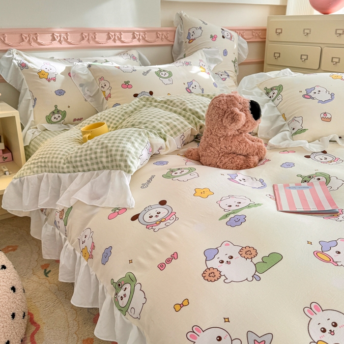 91家纺网 家纺一手货源 找家纺 温眠家纺 2025新款水洗云朵棉韩式INS减龄花边款四件套 奶油吉仔