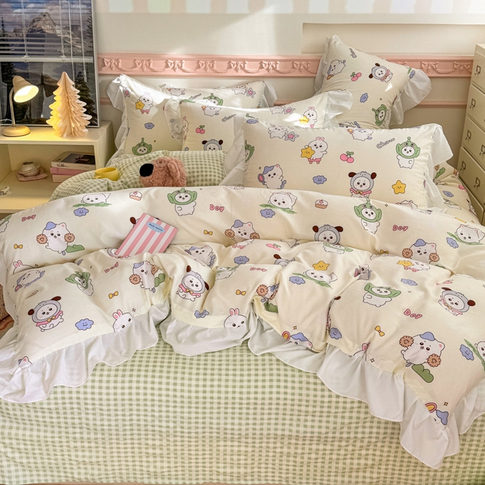 91家纺网 家纺一手货源 找家纺 温眠家纺 2025新款水洗云朵棉韩式INS减龄花边款四件套 奶油吉仔