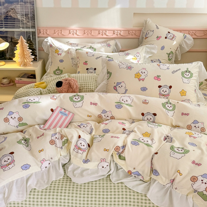 91家纺网 家纺一手货源 找家纺 温眠家纺 2025新款水洗云朵棉韩式INS减龄花边款四件套 奶油吉仔