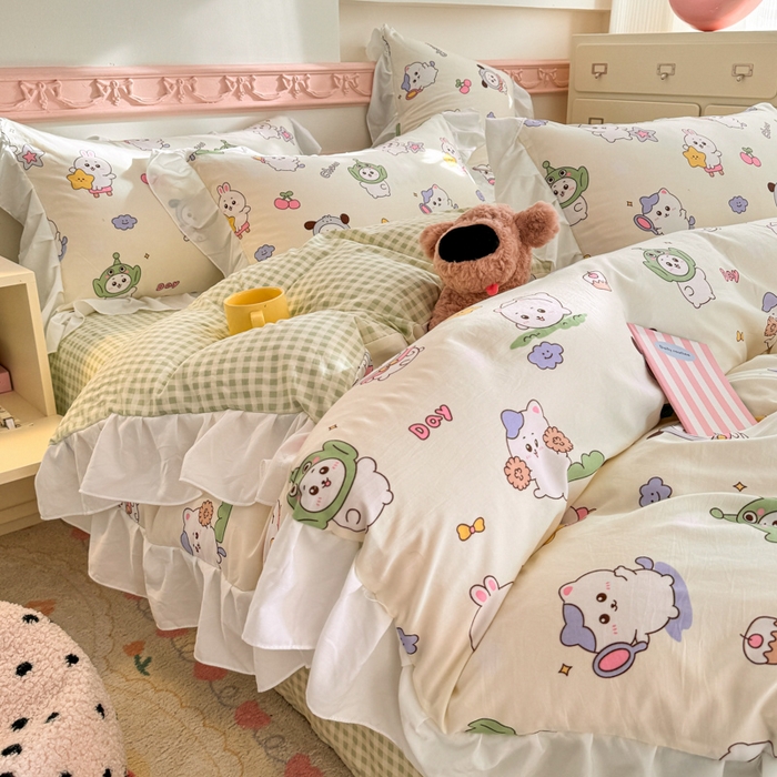 91家纺网 家纺一手货源 找家纺 温眠家纺 2025新款水洗云朵棉韩式INS减龄花边款四件套 奶油吉仔