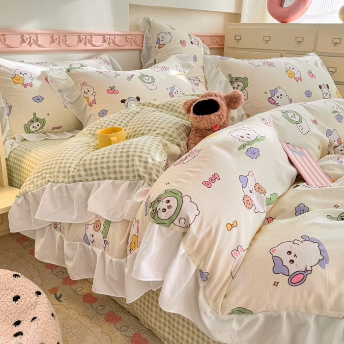 91家纺网 家纺一手货源 找家纺 温眠家纺 2025新款水洗云朵棉韩式INS减龄花边款四件套 奶油吉仔