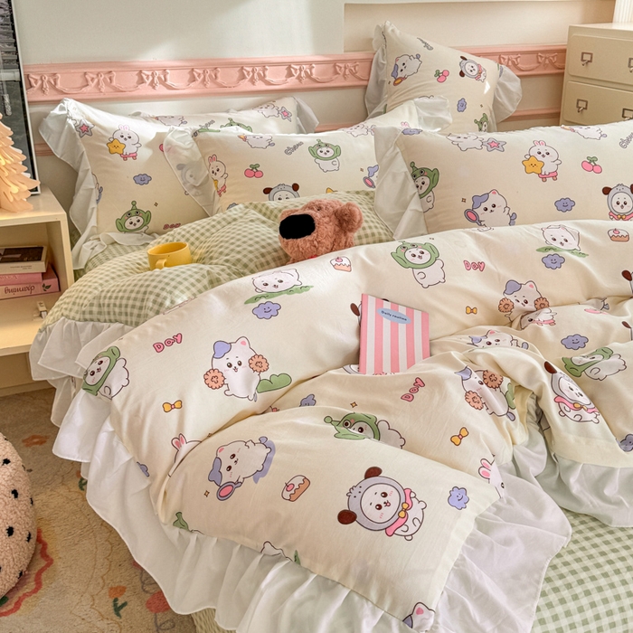 91家纺网 家纺一手货源 找家纺 温眠家纺 2025新款水洗云朵棉韩式INS减龄花边款四件套 奶油吉仔