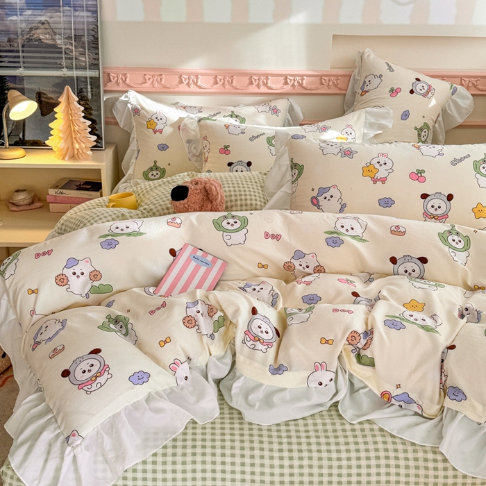 91家纺网 家纺一手货源 找家纺 温眠家纺 2025新款水洗云朵棉韩式INS减龄花边款四件套 奶油吉仔