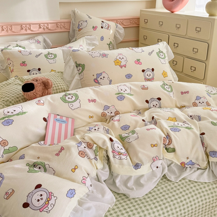 91家纺网 家纺一手货源 找家纺 温眠家纺 2025新款水洗云朵棉韩式INS减龄花边款四件套 奶油吉仔