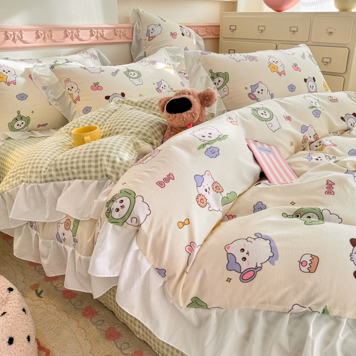 91家纺网 家纺一手货源 找家纺 温眠家纺 2025新款水洗云朵棉韩式INS减龄花边款四件套 奶油吉仔