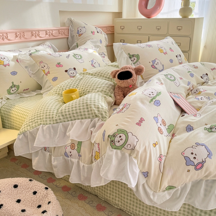 91家纺网 家纺一手货源 找家纺 温眠家纺 2025新款水洗云朵棉韩式INS减龄花边款四件套 奶油吉仔