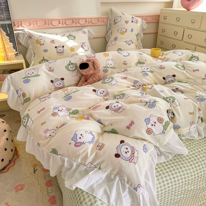 91家纺网 家纺一手货源 找家纺 温眠家纺 2025新款水洗云朵棉韩式INS减龄花边款四件套 奶油吉仔