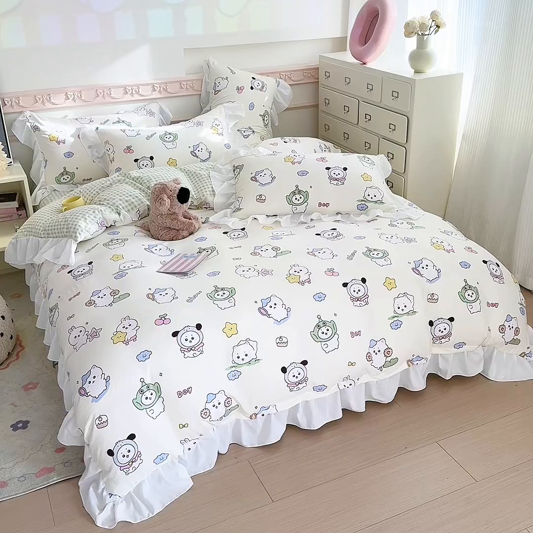 91家纺网 家纺一手货源 找家纺 温眠家纺 2025新款水洗云朵棉韩式INS减龄花边款四件套 奶油吉仔