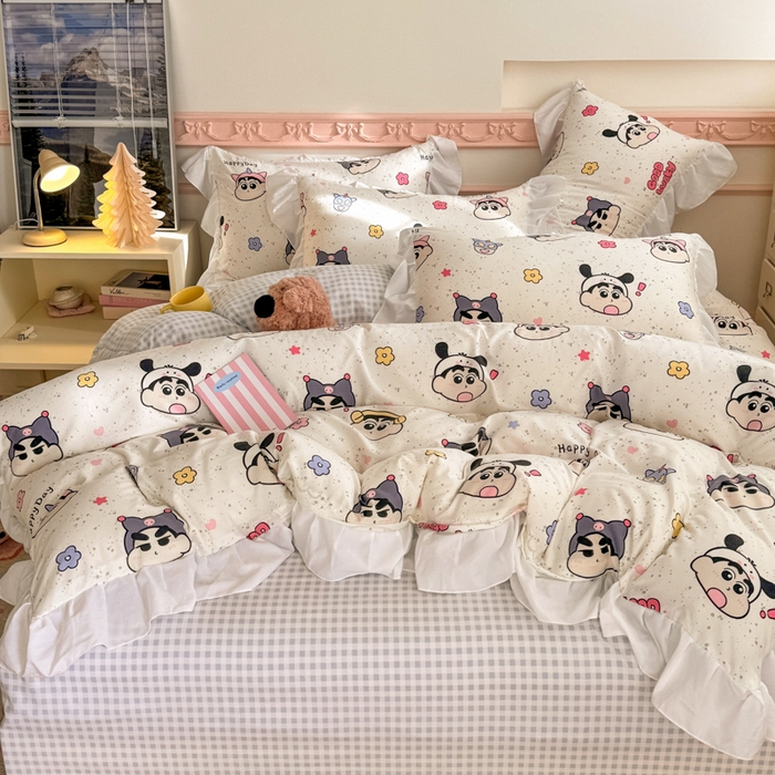 91家纺网 家纺一手货源 找家纺 温眠家纺 2025新款水洗云朵棉韩式INS减龄花边款四件套 趣味小新