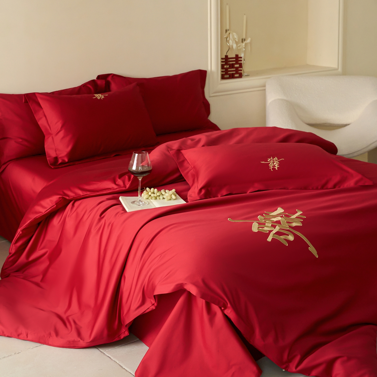 91家纺网 家纺一手货源 找家纺 （总）ONE TWO ONE 121【会员-20】 【控价商品】【提供买家秀】2026新款100s长绒棉全棉床上用品结婚四件套刺绣款-世纪之婚