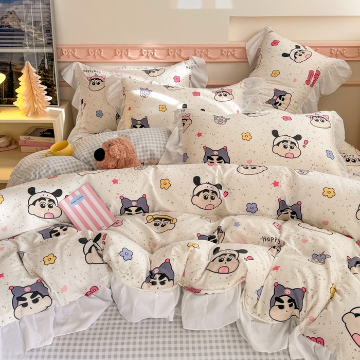 91家纺网 家纺一手货源 找家纺 温眠家纺 2025新款水洗云朵棉韩式INS减龄花边款四件套 趣味小新