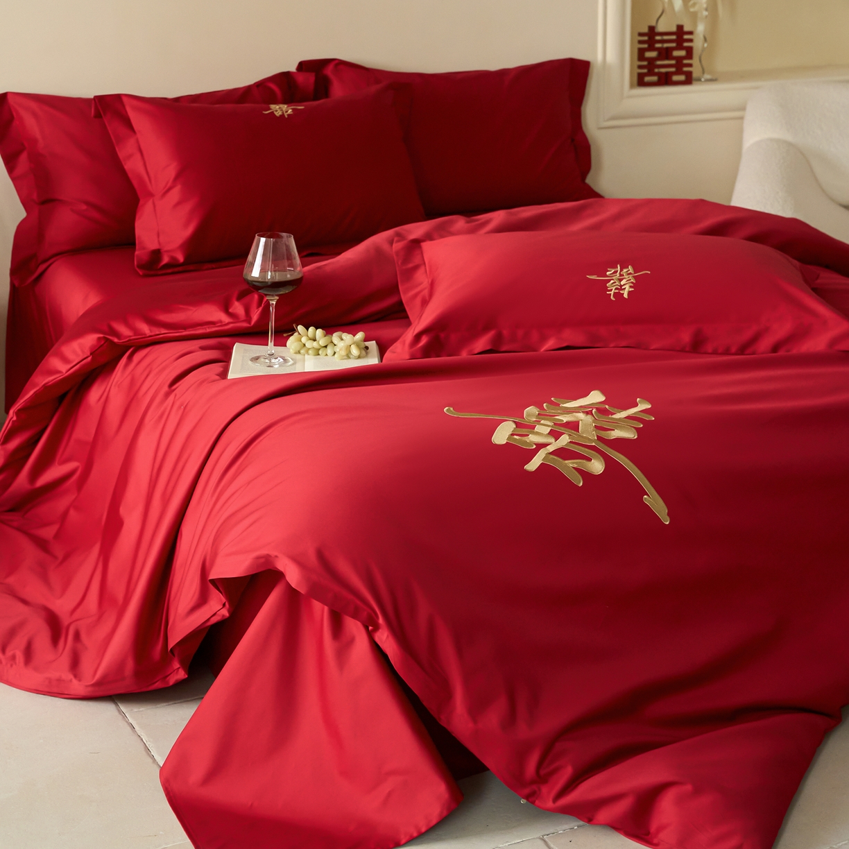 91家纺网 家纺一手货源 找家纺 （总）ONE TWO ONE 121【会员-20】 【控价商品】【提供买家秀】2026新款100s长绒棉全棉床上用品结婚四件套刺绣款-世纪之婚