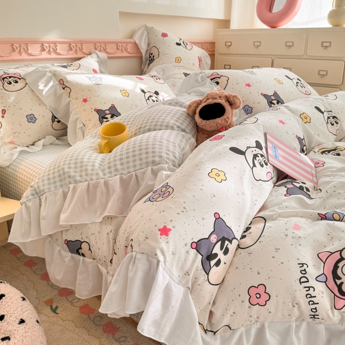 91家纺网 家纺一手货源 找家纺 温眠家纺 2025新款水洗云朵棉韩式INS减龄花边款四件套 趣味小新