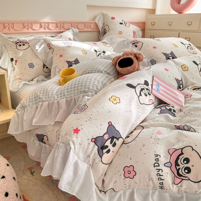 91家纺网 家纺一手货源 找家纺 温眠家纺 2025新款水洗云朵棉韩式INS减龄花边款四件套 趣味小新