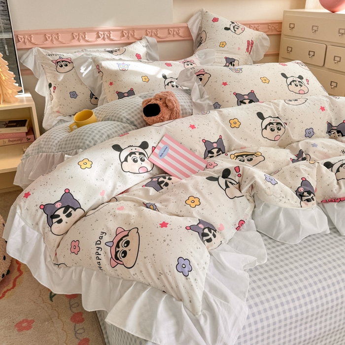 91家纺网 家纺一手货源 找家纺 温眠家纺 2025新款水洗云朵棉韩式INS减龄花边款四件套 趣味小新