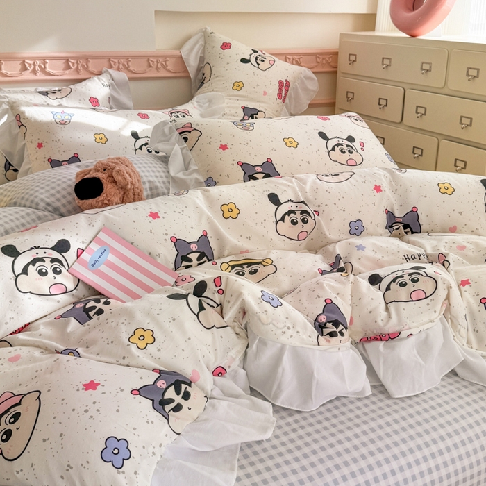 91家纺网 家纺一手货源 找家纺 温眠家纺 2025新款水洗云朵棉韩式INS减龄花边款四件套 趣味小新