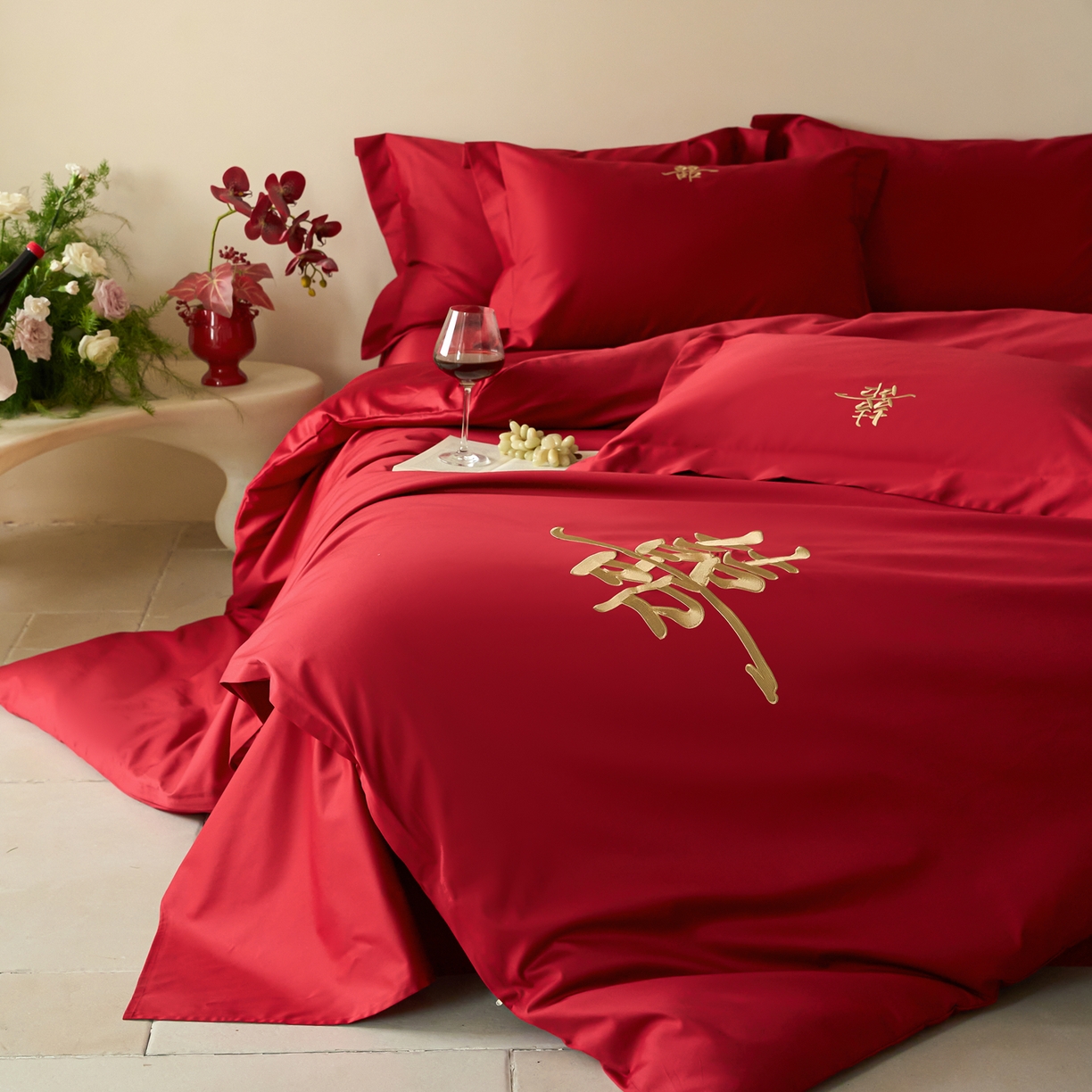 91家纺网 家纺一手货源 找家纺 （总）ONE TWO ONE 121【会员-20】 【控价商品】【提供买家秀】2026新款100s长绒棉全棉床上用品结婚四件套刺绣款-世纪之婚