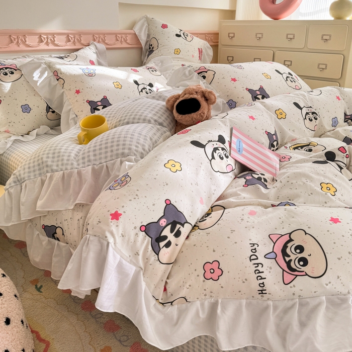 91家纺网 家纺一手货源 找家纺 温眠家纺 2025新款水洗云朵棉韩式INS减龄花边款四件套 趣味小新