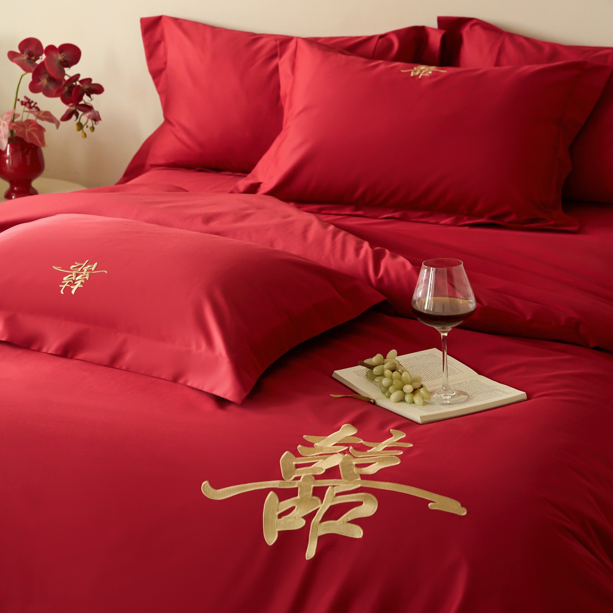 91家纺网 家纺一手货源 找家纺 （总）ONE TWO ONE 121【会员-20】 【控价商品】【提供买家秀】2026新款100s长绒棉全棉床上用品结婚四件套刺绣款-世纪之婚