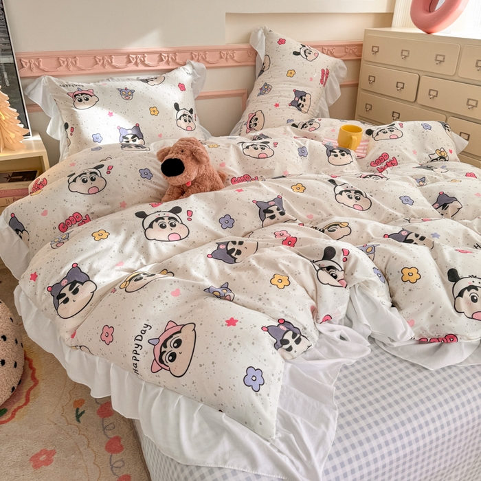 91家纺网 家纺一手货源 找家纺 温眠家纺 2025新款水洗云朵棉韩式INS减龄花边款四件套 趣味小新