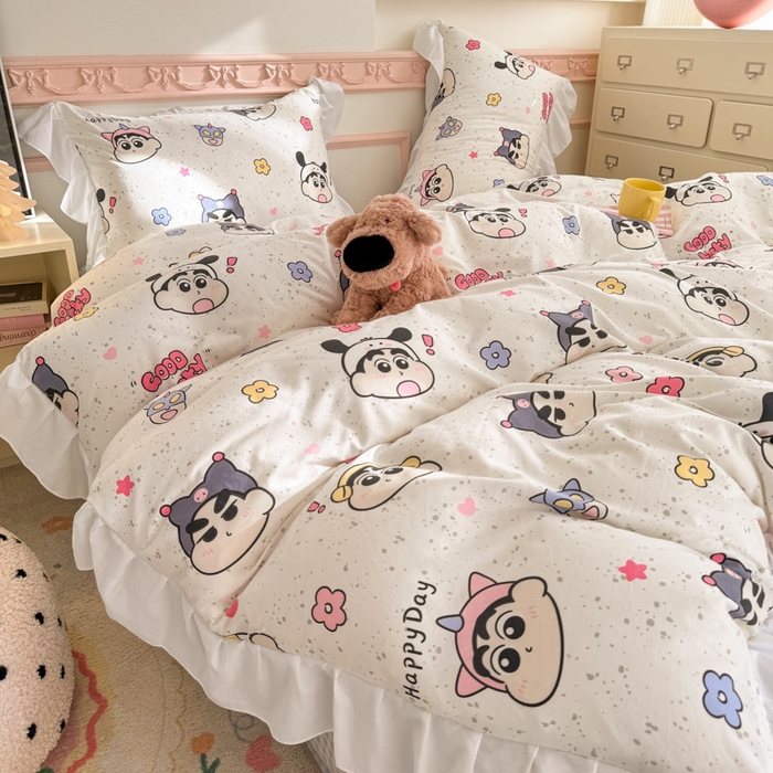 91家纺网 家纺一手货源 找家纺 温眠家纺 2025新款水洗云朵棉韩式INS减龄花边款四件套 趣味小新