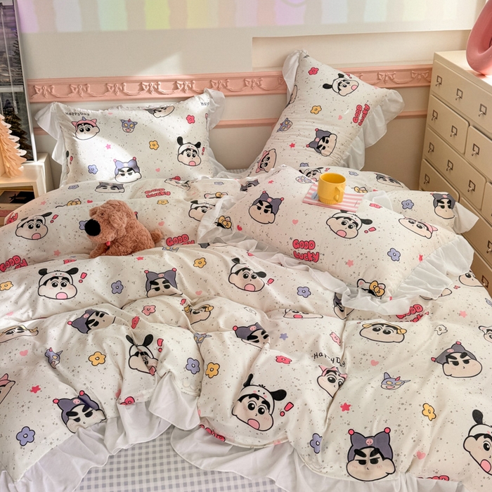 91家纺网 家纺一手货源 找家纺 温眠家纺 2025新款水洗云朵棉韩式INS减龄花边款四件套 趣味小新