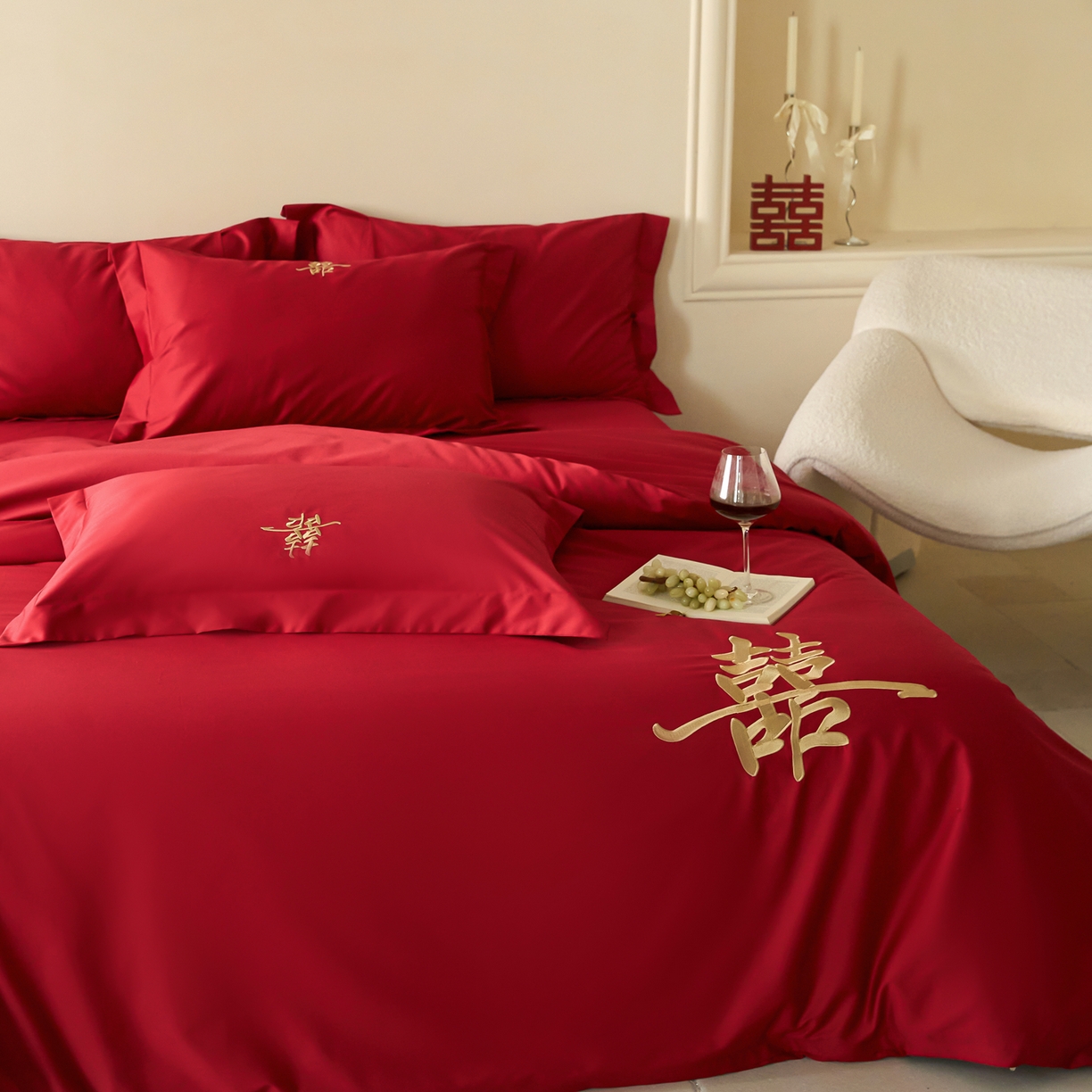 91家纺网 家纺一手货源 找家纺 （总）ONE TWO ONE 121【会员-20】 【控价商品】【提供买家秀】2026新款100s长绒棉全棉床上用品结婚四件套刺绣款-世纪之婚