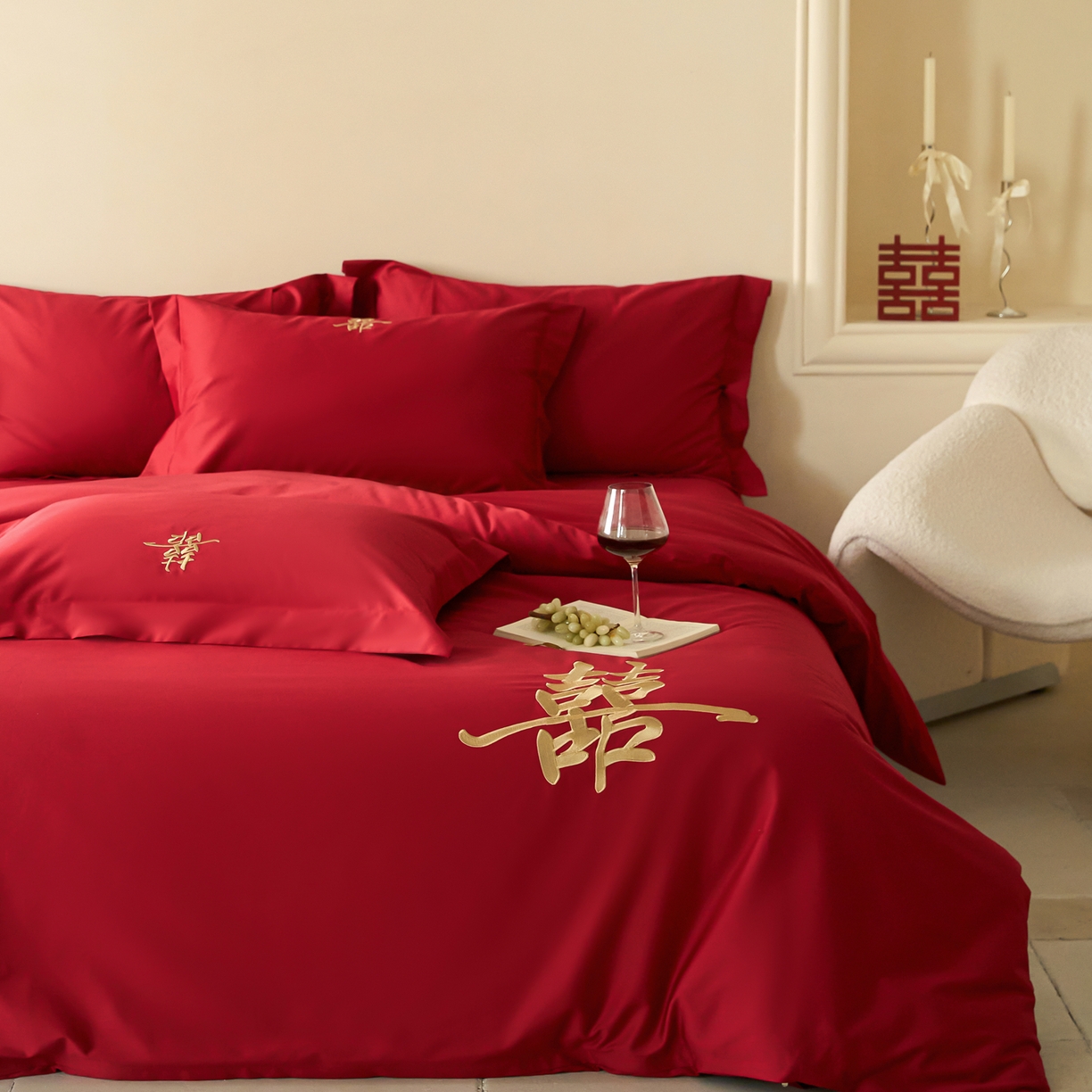 91家纺网 家纺一手货源 找家纺 （总）ONE TWO ONE 121【会员-20】 【控价商品】【提供买家秀】2026新款100s长绒棉全棉床上用品结婚四件套刺绣款-世纪之婚