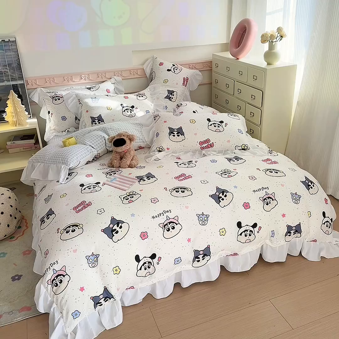 91家纺网 家纺一手货源 找家纺 温眠家纺 2025新款水洗云朵棉韩式INS减龄花边款四件套 趣味小新