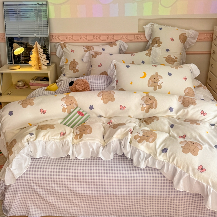 91家纺网 家纺一手货源 找家纺 温眠家纺 2025新款水洗云朵棉韩式INS减龄花边款四件套 晚安兔