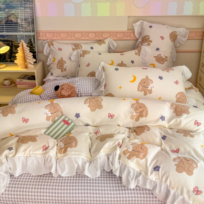 91家纺网 家纺一手货源 找家纺 温眠家纺 2025新款水洗云朵棉韩式INS减龄花边款四件套 晚安兔