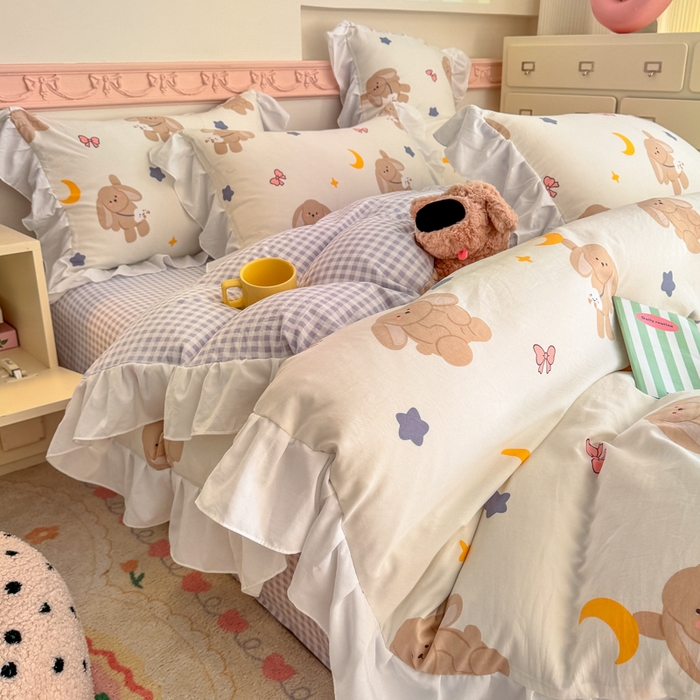 91家纺网 家纺一手货源 找家纺 温眠家纺 2025新款水洗云朵棉韩式INS减龄花边款四件套 晚安兔