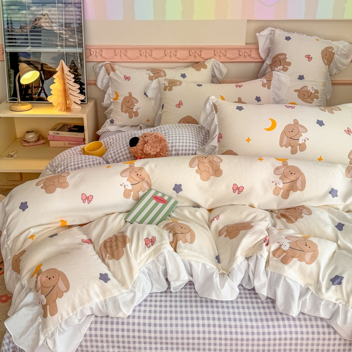 91家纺网 家纺一手货源 找家纺 温眠家纺 2025新款水洗云朵棉韩式INS减龄花边款四件套 晚安兔